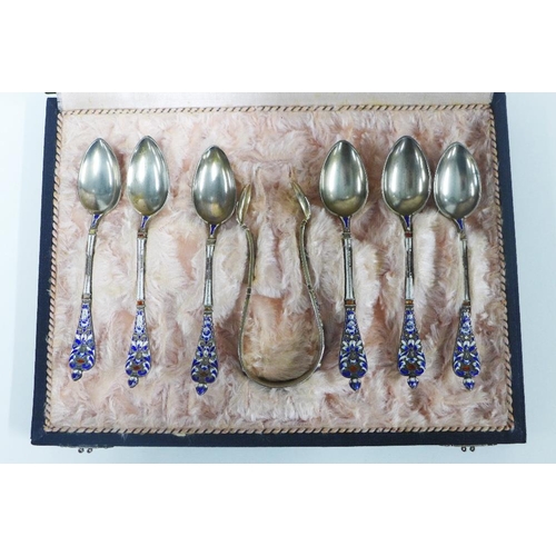 34 - Marius Hammer, Norwegian set of six silver and enamel teaspoons with matching sugar tongs, in a fitt... 