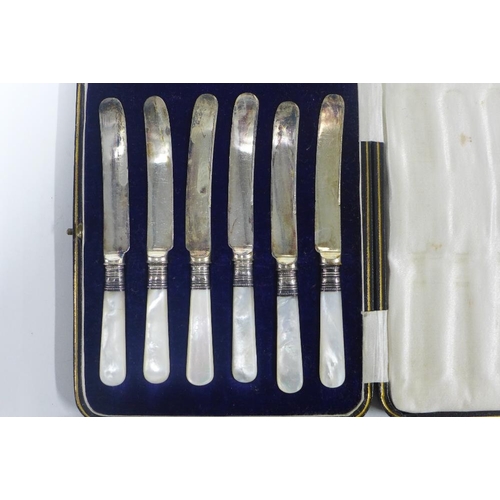 35 - Set of six white metal coffee spoons and cased flatware to include a set of six mother of pearl hand... 