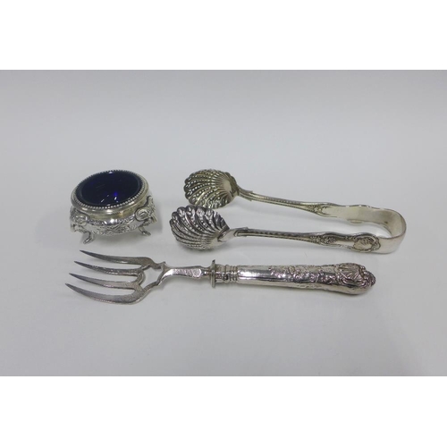 50 - Victorian Sheffield silver handled fork, and a Queens pattern white metal tongs and a Victorian silv... 