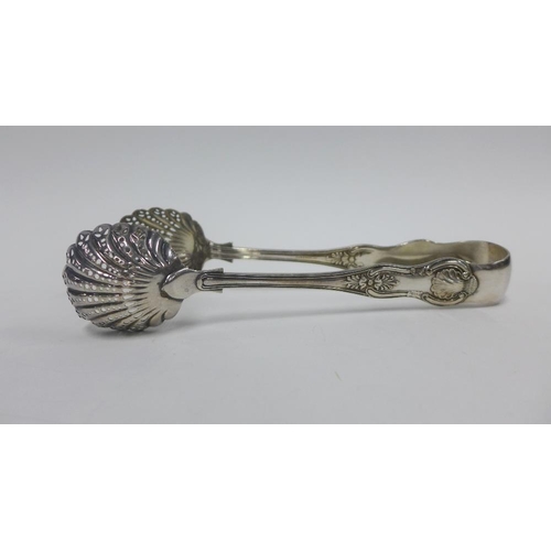 50 - Victorian Sheffield silver handled fork, and a Queens pattern white metal tongs and a Victorian silv... 