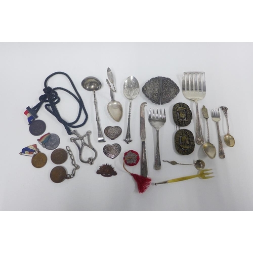 64 - Coronation medallions, Epns flatware, white metal buckles, etc (a lot)