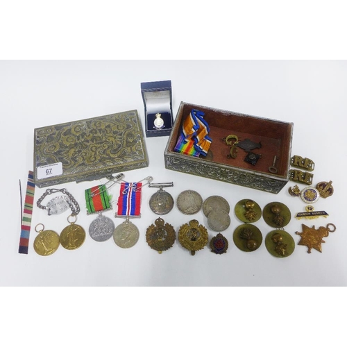 67 - WWI medal trio awarded to 278848 Sapr. A. Sinclair RE. and a dog tag, another WWI Victory medal and ... 