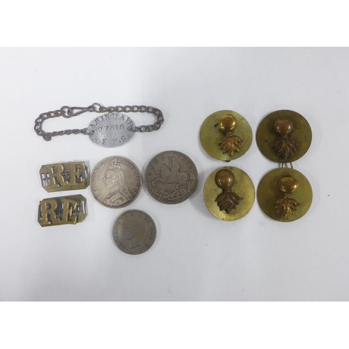 67 - WWI medal trio awarded to 278848 Sapr. A. Sinclair RE. and a dog tag, another WWI Victory medal and ... 