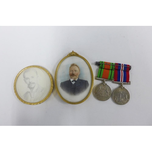 80 - WWII Defence and War medals and two portrait miniatures within  gilt metal frames, largest 11 x 8cm ... 