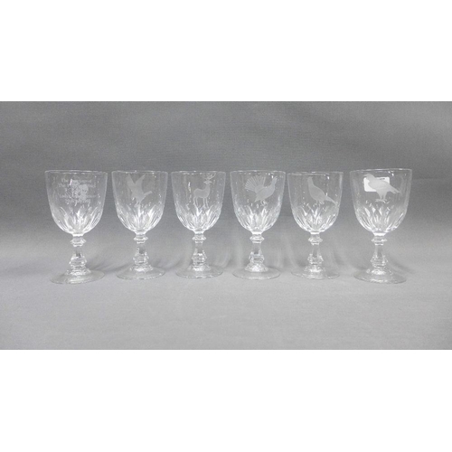 83 - Set of six wine glasses, five with etched bird pattern the other commemorating the marriage of Princ... 