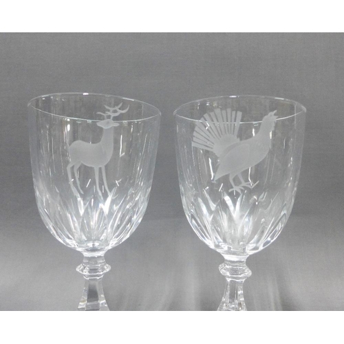 83 - Set of six wine glasses, five with etched bird pattern the other commemorating the marriage of Princ... 