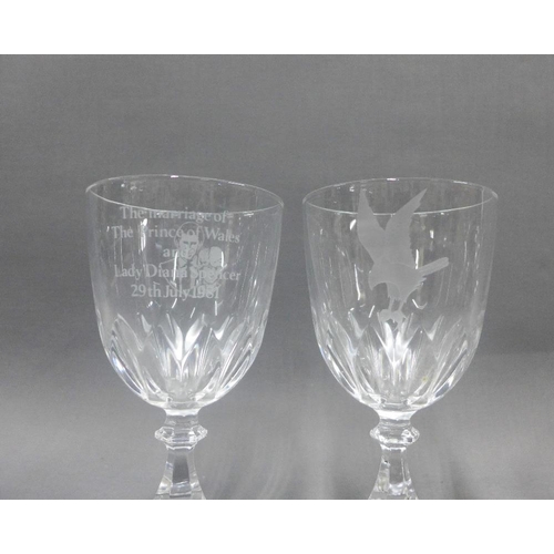 83 - Set of six wine glasses, five with etched bird pattern the other commemorating the marriage of Princ... 