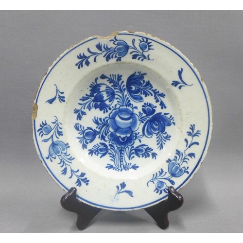 89 - Collection of tin glazed blue and white pottery to include a set of four bowls and three various pla... 