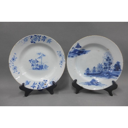 89 - Collection of tin glazed blue and white pottery to include a set of four bowls and three various pla... 