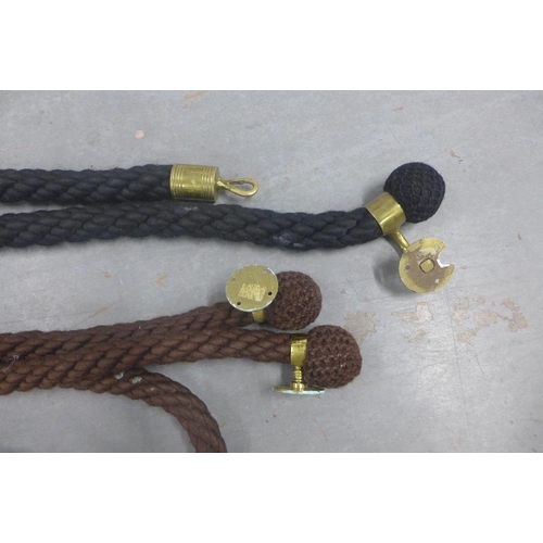 331 - A pair of brown and one black wool banister or wall rope twists with brass attachments, approx 7m  (... 