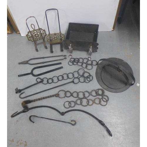 334 - Quantity of iron skillets and hooks, tongs, trivets, etc (a lot)