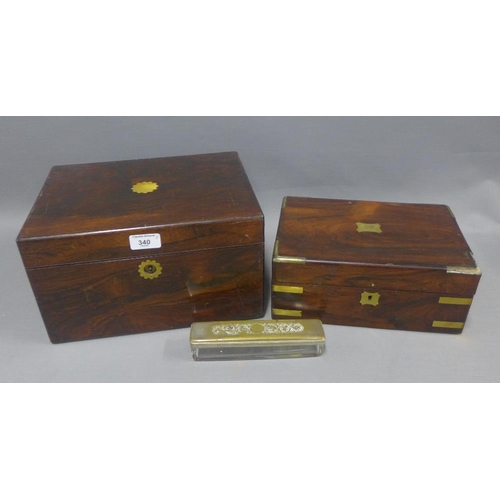 340 - 19th century rosewood box, rectangular hinged top opening to reveal a leather skiver, lift out rays ... 