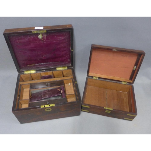 340 - 19th century rosewood box, rectangular hinged top opening to reveal a leather skiver, lift out rays ... 