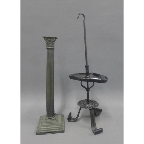 343 - A bronze corinthian column table lamp base and an iron tripod stand with hook, tallest 43cm (2)