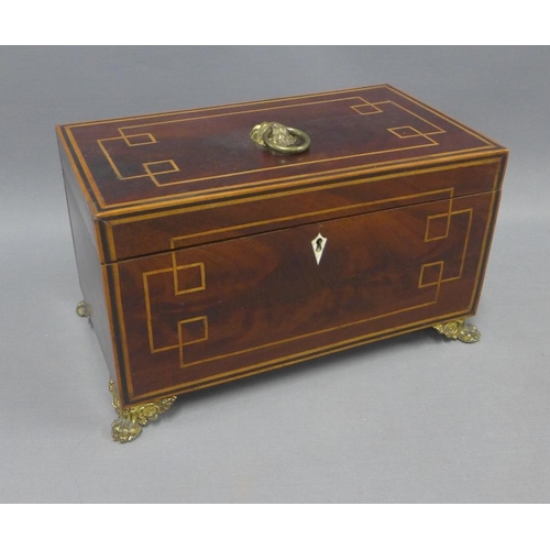 349 - Mahogany and boxwood inlaid box with a rectangular hinged lid and lion mask ring handle, void interi... 