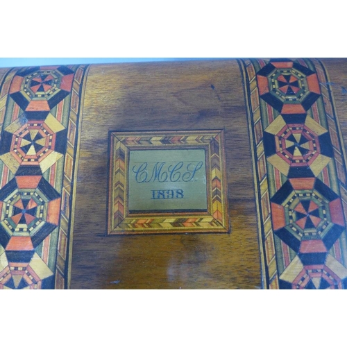 350 - Victorian mahogany and Tunbridge inlaid sewing box with a domed lid and with lift out tray to the in... 