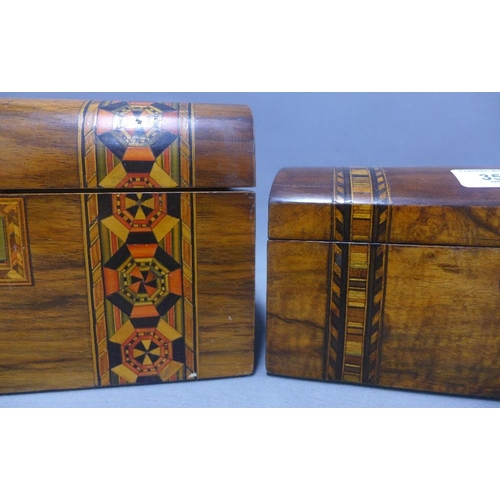 350 - Victorian mahogany and Tunbridge inlaid sewing box with a domed lid and with lift out tray to the in... 