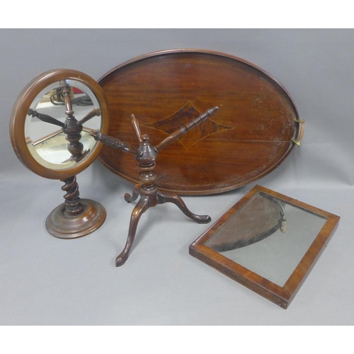 355 - Mahogany and chequer banded inlaid oval tray with brass handles, two mahogany framed mirrors and a w... 