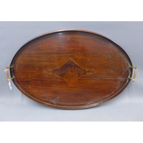 355 - Mahogany and chequer banded inlaid oval tray with brass handles, two mahogany framed mirrors and a w... 