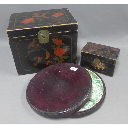 357 - Japanese lacquered coal box and similar tea caddy, hors d-oeuvres set, largest 35 x 28cm  (3)