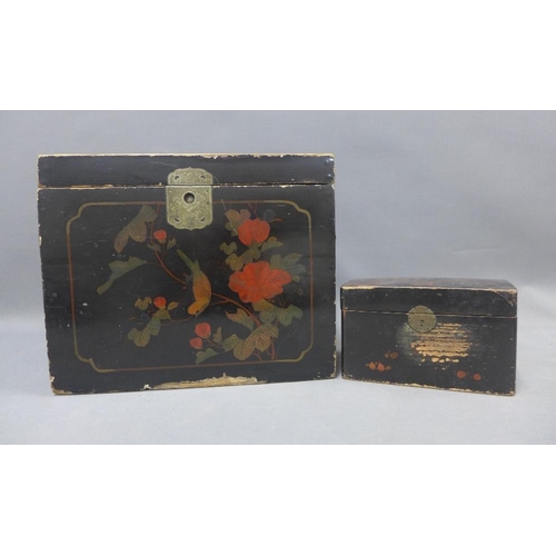 357 - Japanese lacquered coal box and similar tea caddy, hors d-oeuvres set, largest 35 x 28cm  (3)