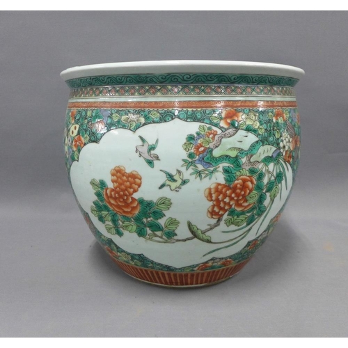 359 - Chinese famille verte fish bowl, typically painted with birds, flowers and foliage within stylised b... 