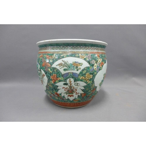 359 - Chinese famille verte fish bowl, typically painted with birds, flowers and foliage within stylised b... 