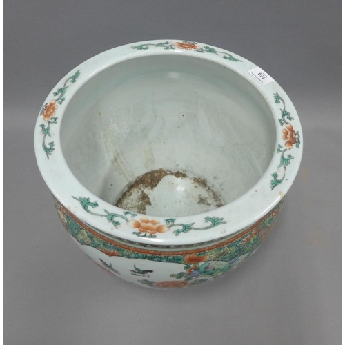 359 - Chinese famille verte fish bowl, typically painted with birds, flowers and foliage within stylised b... 