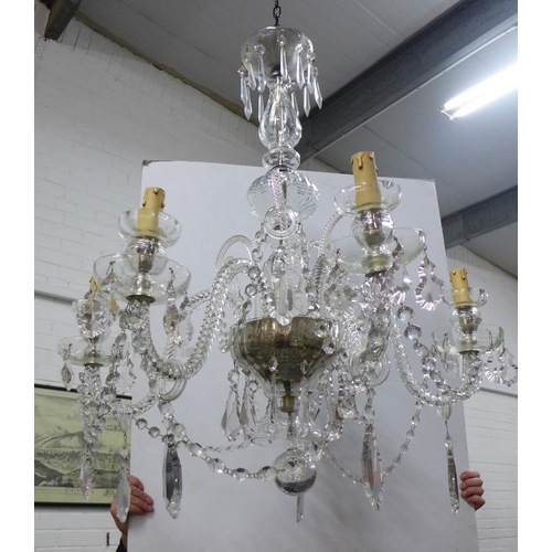 362 - Regency style cut glass five light chandelier, with five scrolling branch arms hung with prism drops... 