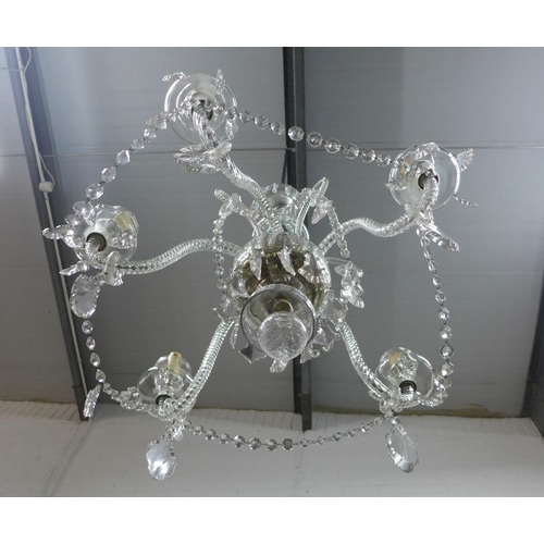 362 - Regency style cut glass five light chandelier, with five scrolling branch arms hung with prism drops... 