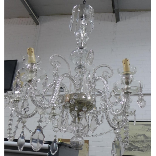 362 - Regency style cut glass five light chandelier, with five scrolling branch arms hung with prism drops... 