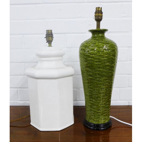 367 - White glazed octagonal table lamp base and another with green glazed basket weave pattern, tallest 4... 