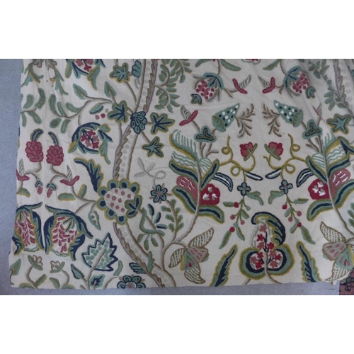 376 - A set of four vintage crewel work drapes, possibly from a four poster bed, 174 x 124, together with ... 