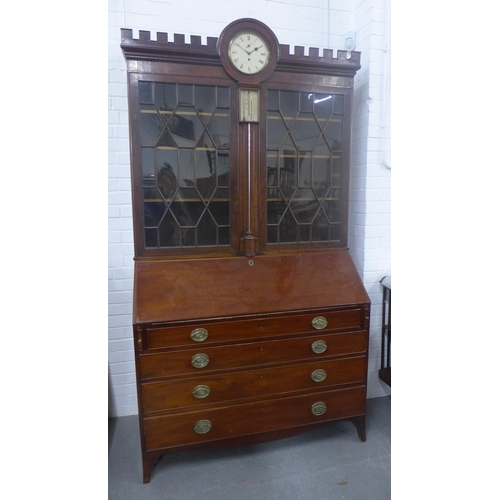 378 - 19th century bureau bookcase cabinet, with a crenuated  top enclosing a clock face and barometer fla... 