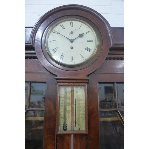 378 - 19th century bureau bookcase cabinet, with a crenuated  top enclosing a clock face and barometer fla... 