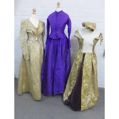 379 - Victorian women's clothing to include a purple silk jacket and skirt, a cream and silk thread floral... 