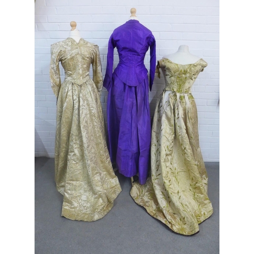 379 - Victorian women's clothing to include a purple silk jacket and skirt, a cream and silk thread floral... 