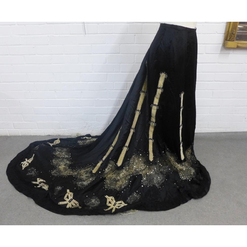 380 - Victorian skirt in black fabric with sequins and netting, with a long train and underskirt together ... 