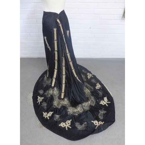 380 - Victorian skirt in black fabric with sequins and netting, with a long train and underskirt together ... 