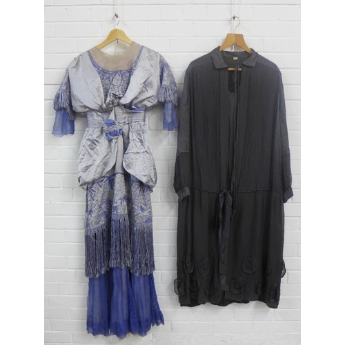 383 - An Edwardian  silk embroidered dress together with a grey chiffon dress, (2)