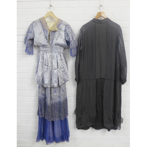 383 - An Edwardian  silk embroidered dress together with a grey chiffon dress, (2)