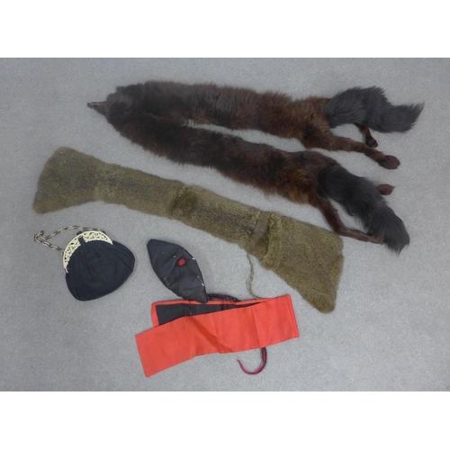 386 - Fur stoles, satin handbag and hat, etc (a lot)