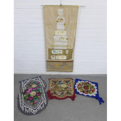 387 - A collection of beadwork items to include two cushions, two panels and a wall hanging 54 x 120cm