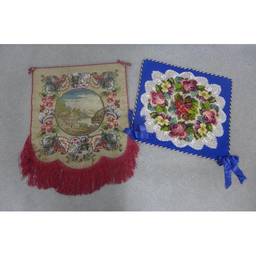 387 - A collection of beadwork items to include two cushions, two panels and a wall hanging 54 x 120cm