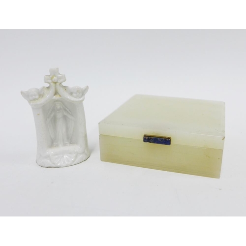 388 - White hardstone box and a small white glazed pottery devotional alcove, 8cm (2)