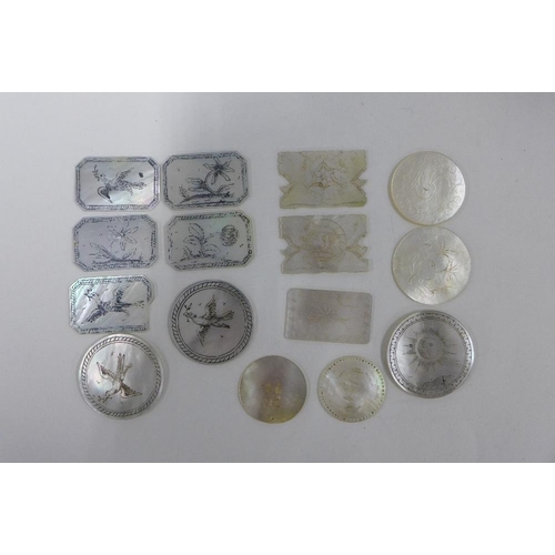 390 - A quantity of Chinese mother of pearl gaming counters together with a box containing a smaller set o... 