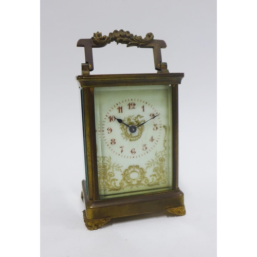 393 - French brass cased carriage clock, the dial with Roman numerals and floral pattern, 15cm including h... 