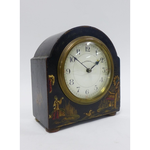 394 - Early 20th century Walker & Hall, black  lacquered chinoiserie mantle clock, with French brass movem... 