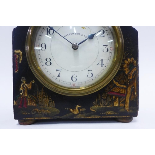 394 - Early 20th century Walker & Hall, black  lacquered chinoiserie mantle clock, with French brass movem... 