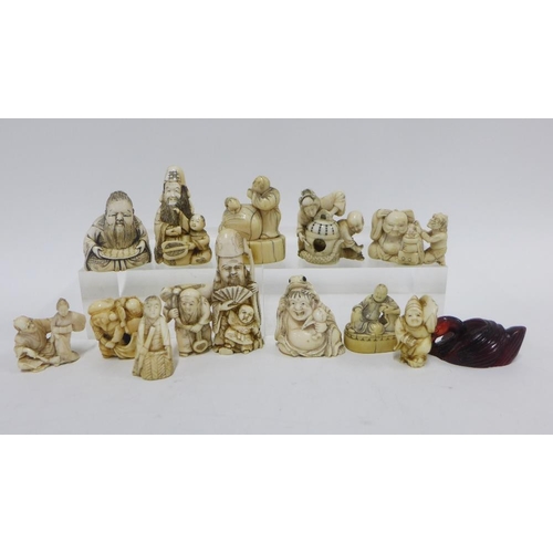 397 - Collection of marine ivory and resin netsukes to include an amber coloured duck, signed, etc (14)